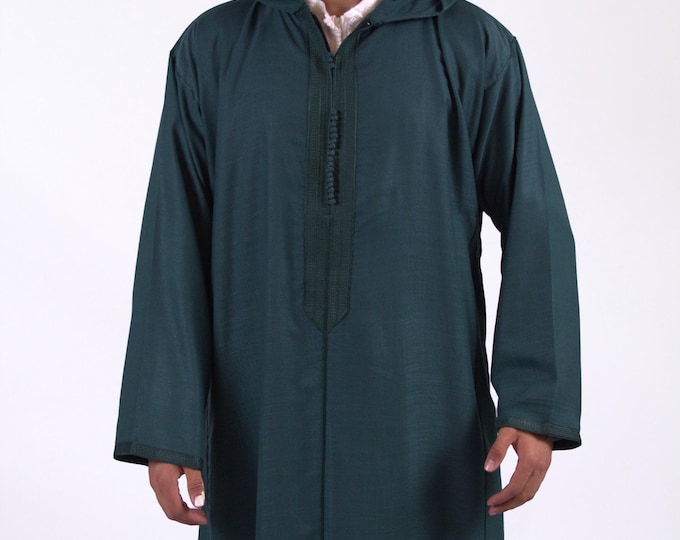 Hooded Moroccan Thobe for Men Linen Green