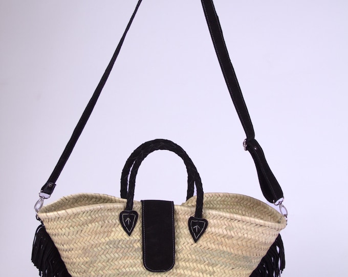 Moroccan Straw Bag with Black Leather Fringe