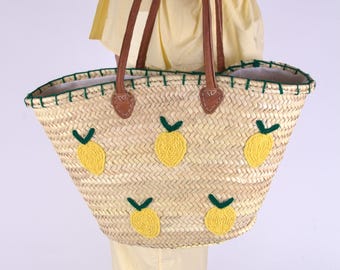 Lemon Embroidered Straw Tote