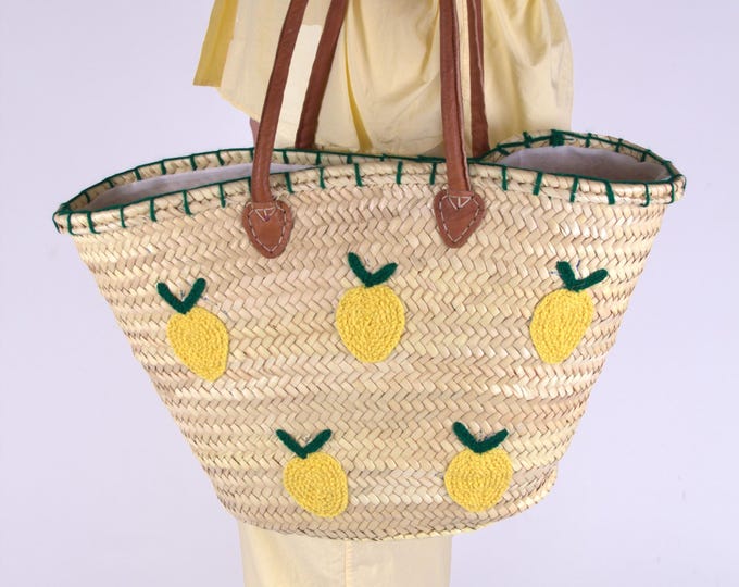 Lemon Embroidered Straw Tote