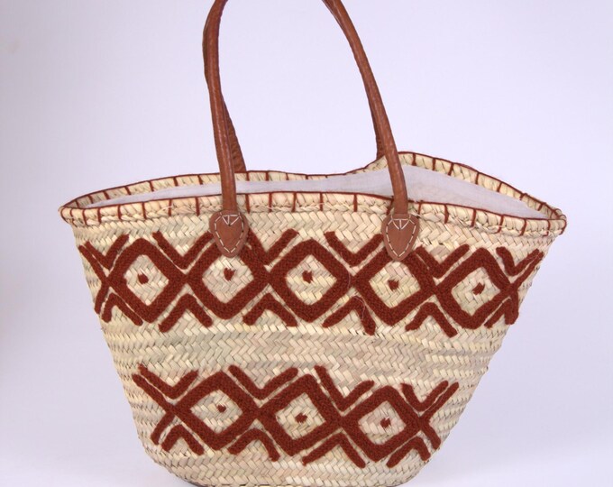 Moroccan Straw Tote Bag with Tribal Wool Embroidery