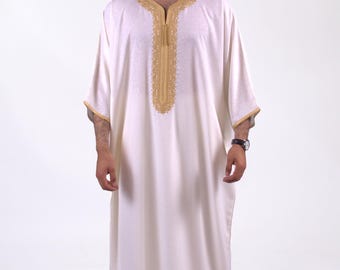 Moroccan Thobe for men Linen White and Gold medina