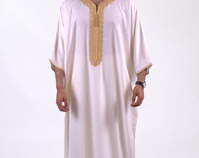 Moroccan Thobe for men Linen White and Gold medina