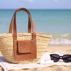 Straw Tote Bag with Leather Pocket – Handmade Moroccan Basket, Stylish Beach Bag, Summer Market Tote, french basket bag, beach basket