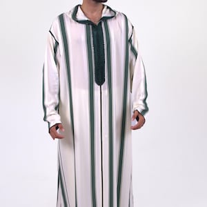 Chaara Djellaba for Men – Debana Embroidery Hooded Moroccan thobe | Green, White, Black | Eid, Nikkah, Wedding, Jumuah Thobe