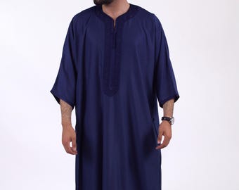 Moroccan Thobe for men Linen Dark Blue Handmade