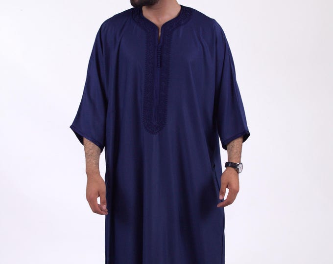 Moroccan Thobe for men Linen Dark Blue Handmade