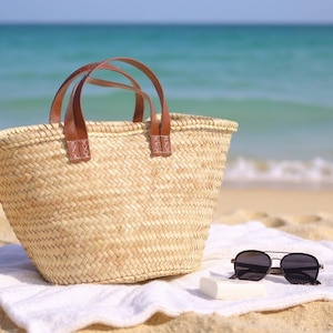 Straw Tote Bag with Leather Handles – Handmade Moroccan Basket, Beach Bag, French Market bag, beach basket, large market basket