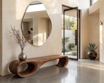 Moderne sculpturale houten bank voor entree en woonruimtes