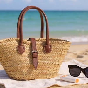 Straw Bag with Leather Straps – Handwoven Straw Tote Bag, Moroccan Basket Bag for Beach or Market