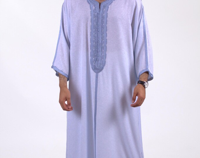 Moroccan Thobe for men Linen Light Blue Handmade