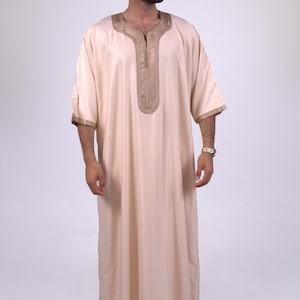 Moroccan Thobe for Men Gabardine Gandoura with Sfifa Embroidery – Eid, Prayer, Traditional Wear, Jubba, Arabic Thawb, Handmade