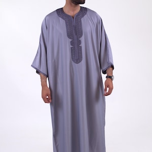 Moroccan Thobe for Men Gabardine | Embroidered Eid Gandoura | Handmade Jubba | Dark Grey Garnet White Black Beige Kaftan