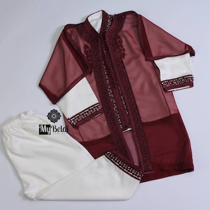 Kids Moroccan Jabador Set – 3-Piece Gabardine Outfit with Embroidered Mousline Cape | Eid & Jumua Outfit for Muslim Boys