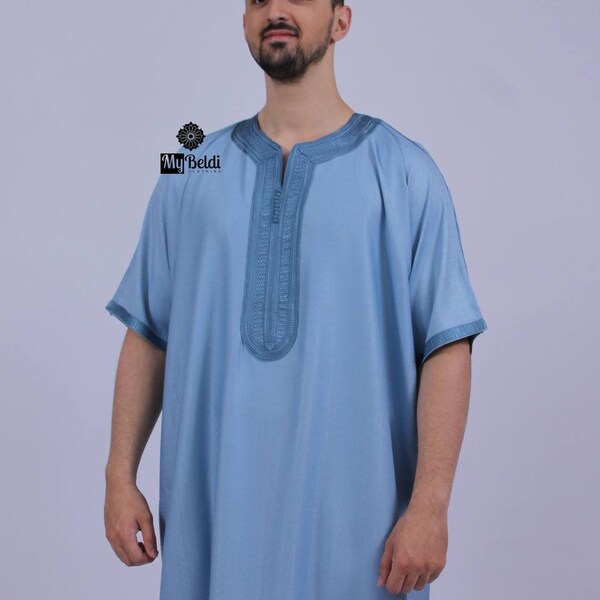 Linen Men Caftan - Ice Blue, Caftan for men, Kaftan for men, Gandoura for men, Men's caftan, Thobe for men, Moroccan thobe