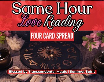 May include: An image depicting a love reading theme with the text "Same Hour Love Reading" and "Four Card Spread." The scene includes lit candles, a circular zodiac design, crystals, and runes. The words "Blessed by Transcendental Magic | Summer Spirit" are also present.