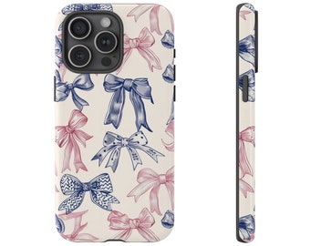 Coquette Bows Blue & Pink Preppy Phone Case, Cute Trendy Aesthetic, iPhone 15 14 13 12 Pro Max 8 Plus X, Samsung Galaxy S24 S23 Ultra