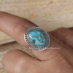 Blue Copper Turquoise Ring, 925 Solid Sterling Silver Ring, December Birthstone Ring, Oval Gemstone Ring, Boho Ring, Handmade Jewelry