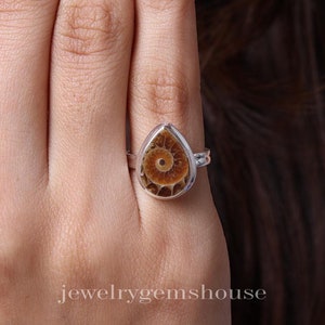 Ammonite Ring, 925 Sterling Silver Ring, Gemstone Ring, Pear Ammonite Ring, Women Silver Jewelry, Handmade Ring, Birthday Gift for Sister