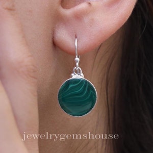 Malachite Earrings, 925 Sterling Silver Earrings, Round Gemstone Earrings, Handmade Silver Jewelry, Boho Earrings, Christmas Gift For Friend