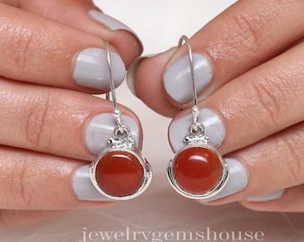 Pendientes de cornalina, pendientes de plata de ley 925, pendientes de cabujón, joyería de plata para mujer, pendientes colgantes, pendientes hechos a mano