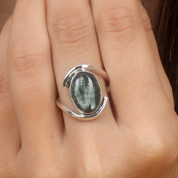 Seraphinite Ring, Sterling Silver Ring, Handmade Ring, Oval Ring, Boho Ring, Gemstone Ring, Statement Ring, Gift for Her, 925 Silver Ring