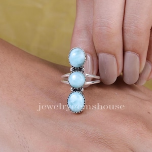 Larimar Ring, 925 Sterling Silver Ring, Three Stone Ring, Full Finger Long Ring, Boho Statement Ring, Triple Gemstone Ring, Ring for Women