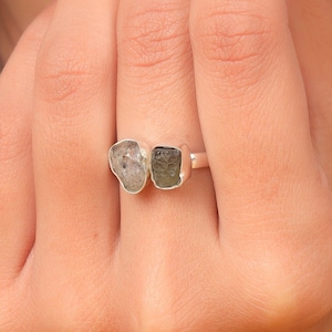 Rough Moldavite Ring, Herkimer Diamond Ring, 925 Sterling Silver Ring, Ring for Women, Minimalist Ring, Genuine Certified Moldavite Jewelry