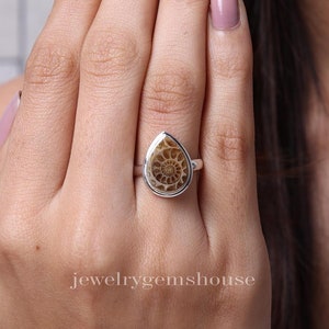 Natural Ammonite Ring, 925 Sterling Silver Ring, Gemstone Silver Ring, Teardrop Shape Ammolite Ring, Ring for Women, Handmade Jewelry Ring