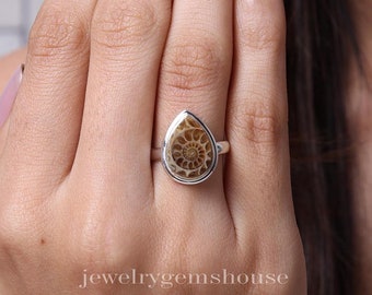 Bague ammonite naturelle, bague en argent sterling 925, bague en argent avec pierres précieuses, bague ammolite en forme de larme, bague pour femme, bague pour bijoux fait main