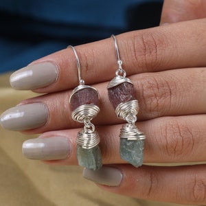 Rohe rosa Turmalin Ohrringe, Aquamarin Ohrringe, 925 Sterling Silber Ohrringe, natürliche Edelstein Ohrringe, Ohrringe für Frauen, Tropfen Ohrringe