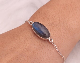 Pulsera de labradorita, pulsera de plata de ley 925, pulsera de piedras preciosas de fuego azul, joyería de plata hecha a mano, pulsera boho, regalo de Navidad