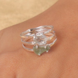 Genuine Moldavite Ring, Herkimer Diamond Ring, 925 Silver Ring, Rough Gemstone Ring, Ring for Women, Handmade Ring, Bohemian Jewellery