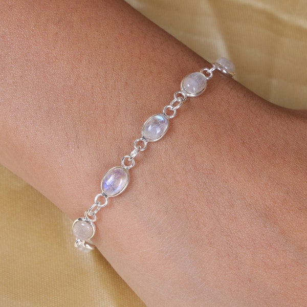 Bracelet Rainbow Moonstone, Bracelet en argent sterling 925, Pierre de naissance de juin, Bracelet en pierres précieuses ovales, Bracelet fait main, Bracelet pour femmes