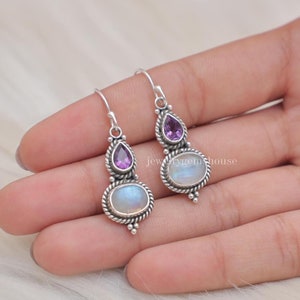 Rainbow Moonstone & Amethyst Earrings, 925 Sterling Silver Earrings, Dangle Gemstone Earrings, Handmade Jewelry Earrings, Anniversary Gift