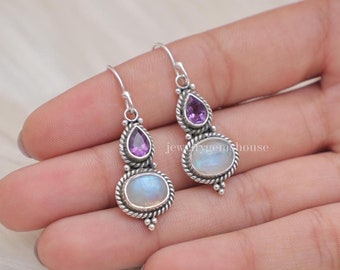 Rainbow Moonstone & Amethyst Earrings, 925 Sterling Silver Earrings, Dangle Gemstone Earrings, Handmade Jewelry Earrings, Anniversary Gift