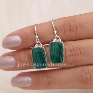 Malachite Earrings, 925 Sterling Silver Earrings, Rectangular Shaped Earrings, Dangle Drop Earring, Handmade Earrings, Christmas Gift