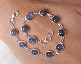 Pulsera de labradorita, pulsera de plata de ley 925, pulsera de piedras preciosas naturales, pulsera ajustable de labradorita, joyería de plata hecha a mano