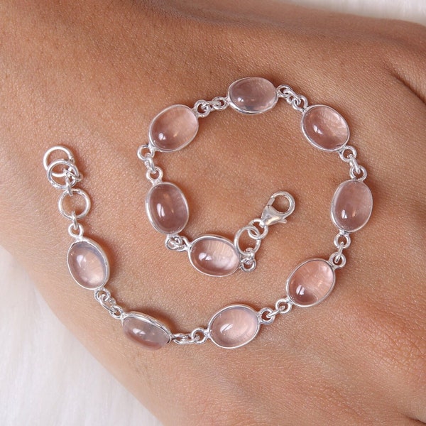 Rose Quartz Bracelet, 925 Solid Sterling Silver Bracelet, Gemstone Bracelet, Women Silver Jewelry, Handmade Bracelet, Wedding Gift for Her