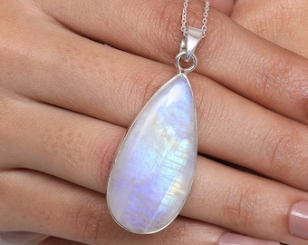 Rainbow Moonstone Pendant, 925 Sterling Silver Pendant, June Birthstone, Pear Shaped Pendant, Large Gemstone Necklace, Handmade Jewellery