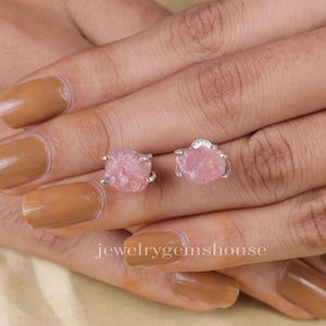 Raw Rose Quartz Stud Earrings, 925 Sterling Silver Studs, Pink Stone Studs, Women Silver Jewelry, Handmade Studs, Stone Sourced from Brazil
