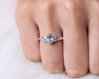 Anillo de topacio azul, anillo de plata de ley 925, anillo con piedra natal de noviembre, anillo con piedras preciosas, joyería de plata con topacio, anillo hecho a mano, regalo de aniversario