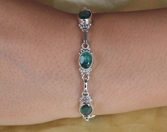 Emerald Bracelet, 925 Sterling Silver Bracelet, May Birthstone, Green Gemstone Bracelet, Boho Handmade Jewellery, Christmas Gifts for Her