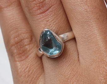 Raw Blue Topaz Ring, 925 Solid Sterling Silver Ring, Rough Gemstone Ring, November Birthstone Ring, Handmade Jewelry Ring, Gift for Her