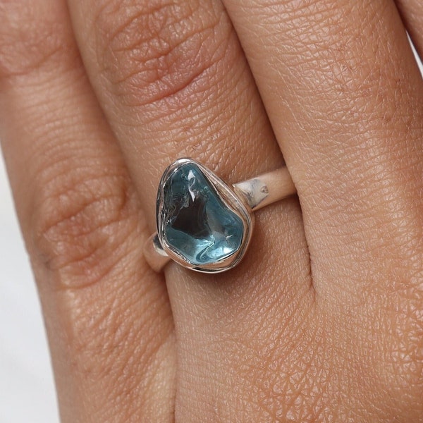 Raw Blue Topaz Ring, 925 Solid Sterling Silver Ring, Rough Gemstone Ring, November Birthstone Ring, Handmade Jewelry Ring, Gift for Her