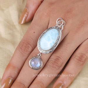 Larimar, Rainbow Moonstone, Pendant Necklace, 925 Sterling Silver Pendant, Handmade Jewelry, Boho Pendant, Gemstone Necklace, Gift For Her