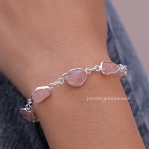 Raw Rose Quartz Bracelet, 925 Sterling Silver Bracelet, Raugh Gemstone Bracelet, Minimalist Jewelry, Handmade Silver Jewelry, Gift For Her