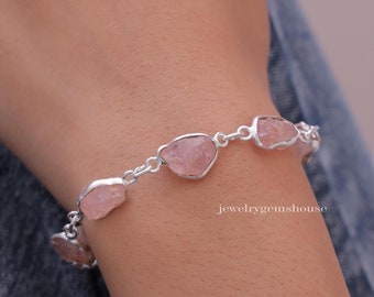 Raw Rose Quartz Bracelet, 925 Sterling Silver Bracelet, Raugh Gemstone Bracelet, Minimalist Jewelry, Handmade Silver Jewelry, Gift For Her