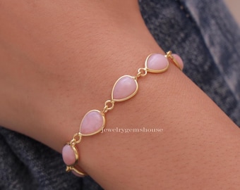 Pulsera de ópalo rosa, pulsera de plata esterlina bañada en oro de 18 quilates, pulsera en forma de pera, joyería con piedras preciosas, pulsera delicada, pulsera para mujer