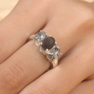 Bague en rutile noir, bague en quartz fumé, bague en argent sterling 925, bague avec pierres précieuses, bague triple pierre, proposition de bague, bijoux faits main